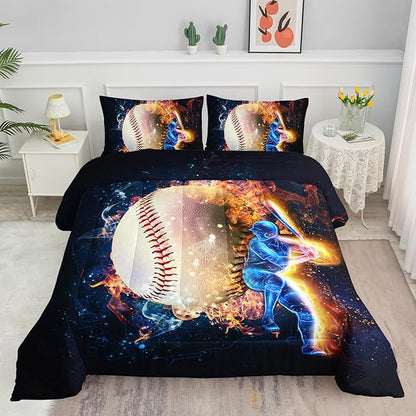 Axolotl 3D Baseball Comforter Set Queen,Sports Bedding,Red Blue Water Fire Comforter Set,Sports Baseball Loveer Bedding Set,Sport Game Comforter for Kids Boys Teens Adults,1 Quilt 2 Pillowcases