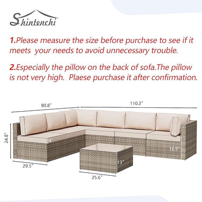 Shintenchi 7 Pieces Outdoor Patio Sectional Sofa Couch,Natural PE Wicker Furniture Conversation Sets with Washable Cushions & Glass Coffee Table for Garden, Poolside, Backyard (Khaki)