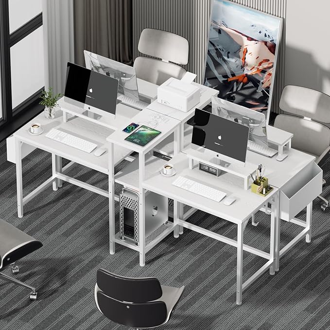 Furologee Charging Station for White 2 Penson Desk with LED Lights and Monitor Stand
