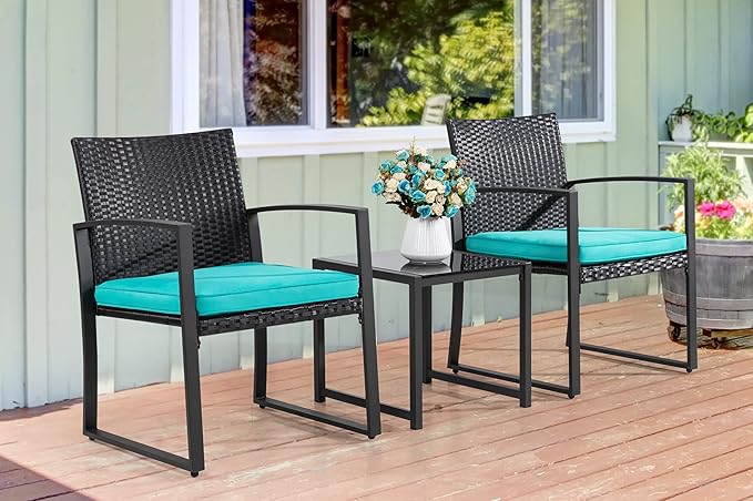 Shintenchi 3 Pieces Outdoor Patio Furniture Set, Modern Wicker Bistro Set, Conversation Rattan Chair of 2 with Coffee Table for Yard Porch Poolside Lawn(Blue Cushion)