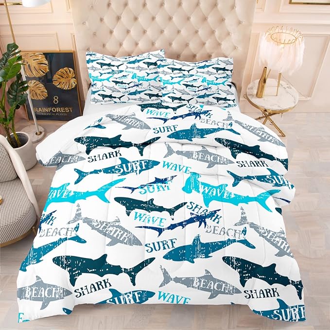 Shark Comforter Bedding Set Twin for Boys Teens Blue Shark Pattern Comforter Sets Decorative Quilt Set with Pillowcase