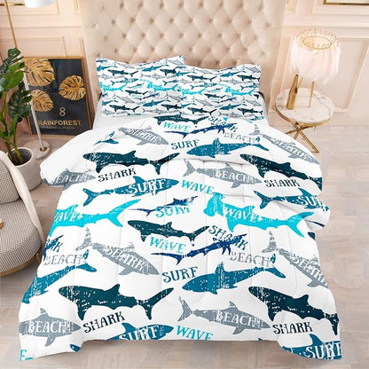Shark Comforter Bedding Set Twin for Boys Teens Blue Shark Pattern Comforter Sets Decorative Quilt Set with Pillowcase