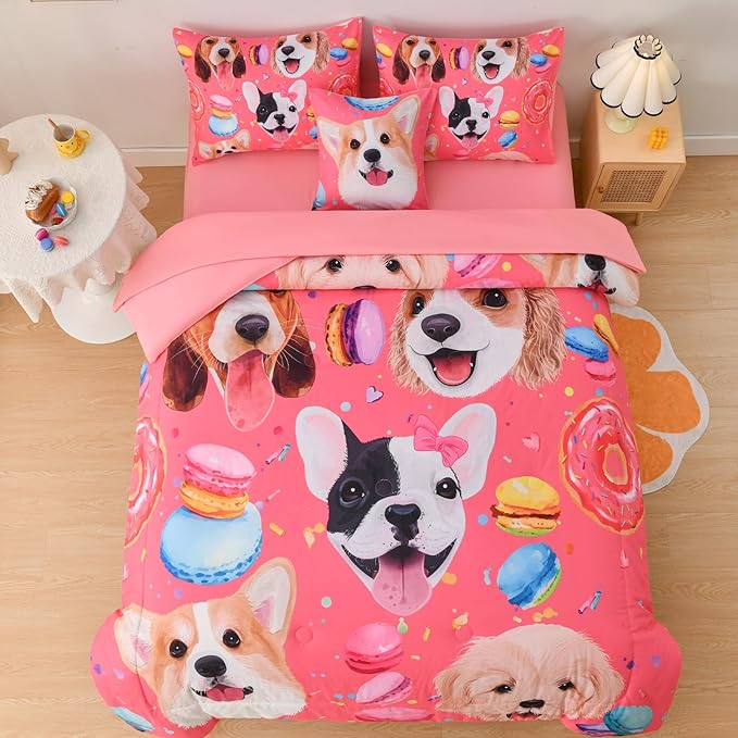 DORCAS Pink Twin Comforter Set for Girls Cute Dog Bedding Sets Twin Girls 6 Pieces Animal Twin Bed-in-A-Bag with Comforter,Sheets,Pillowcases for Kids