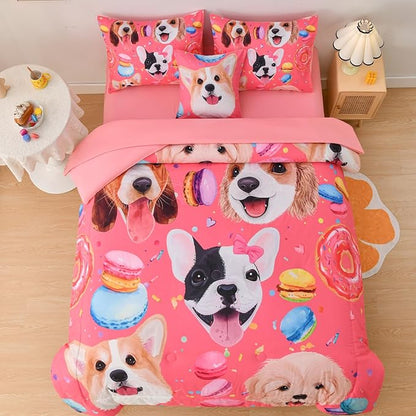 DORCAS Pink Twin Comforter Set for Girls Cute Dog Bedding Sets Twin Girls 6 Pieces Animal Twin Bed-in-A-Bag with Comforter,Sheets,Pillowcases for Kids