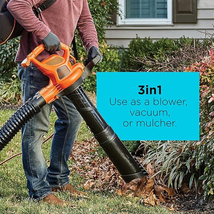 BLACK+DECKER Electric Leaf Blower, Leaf Vacuum and Mulcher 3 in 1, 250 mph Airflow, 400 cfm Delivery Power, Reusable Bag Included, Corded (BEBL7000)