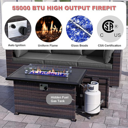 Patio Furniture Sectional Sofa Set 10-Pieces PE Rattan Patio Conversation Set w/43in Gas Fire Pit Table, Outdoor Furniture with 55000 BTU Propane Fire Pit, Grey