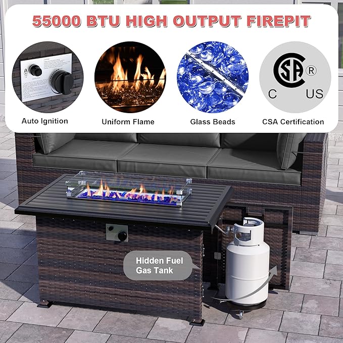 Patio Furniture Sectional Sofa Set 11-Pieces PE Rattan Swivel Rocking Chairs Patio Conversation Set w/43in Gas Fire Pit Table, Outdoor Furniture with 55000 BTU Propane Fire Pit, Grey