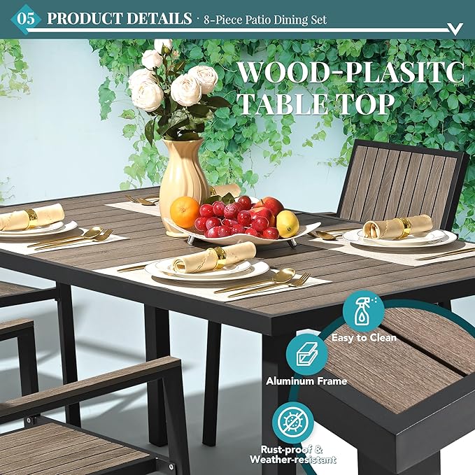 Pamapic 8-Piece Patio Dining Set，Outdoor Aluminum Furniture Set with Plastic-Wood Table Top,Outdoor Furniture Set with 6 Outdoor Stackable Chairs for Patio Garden Poolside，Walnut