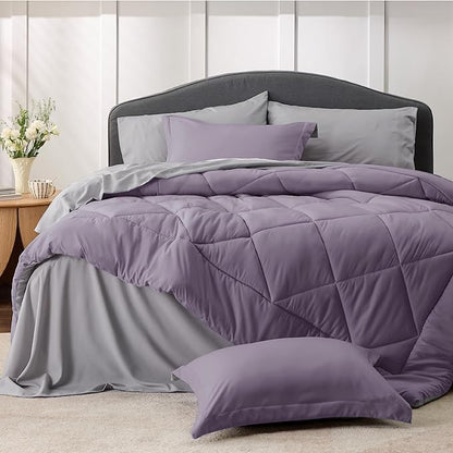 Bedsure Grayish Purple Queen Comforter Set - 7 Pieces Reversible Queen Bed in a Bag, Queen Bed Set Grayish Purple and Grey with Comforters, Sheets, Pillowcases & Shams