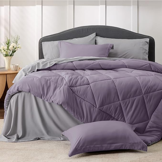 Bedsure Grayish Purple King Size Comforter Set - 7 Pieces Reversible King Bed in a Bag, King Bed Set Grayish Purple and Grey with Comforters, Sheets, Pillowcases & Shams
