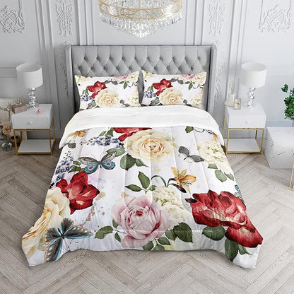 Butterfly Comforter Set for Girls Kids Adults Watercolor Butterfly Rose Bedding Set Aesthetics Butterflies Quilt Duvet Set Full Size with 1 Comforter and 2 Pillowcases