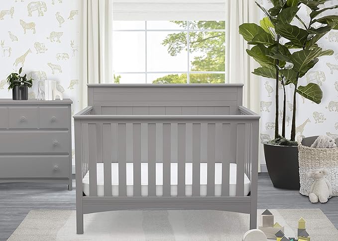 Delta Children Fancy 4-in-1 Crib, Grey + Serta Perfect Slumber Dual Sided Recycled Fiber Core Crib and Toddler Mattress (Bundle)