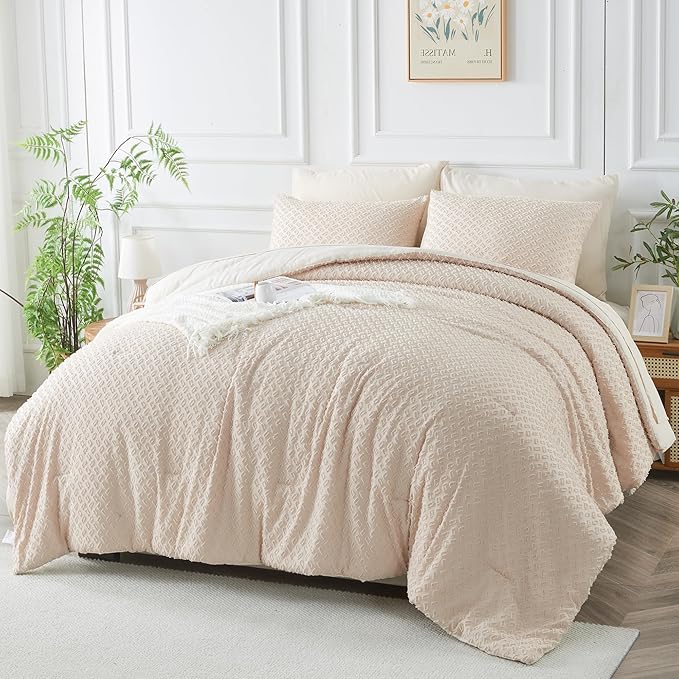 Queen Size Kids Comforter Set for Girls 7 Piece Beige Boho Tufted Kids Bedding Set for Boys Bed in A Bag Quilt Set with 1 Comforter,1 Flat Sheet, 1 Fitted Sheet, 2 Pillowcase and 2 Pillow Sham