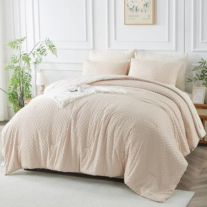 Queen Size Kids Comforter Set for Girls 7 Piece Beige Boho Tufted Kids Bedding Set for Boys Bed in A Bag Quilt Set with 1 Comforter,1 Flat Sheet, 1 Fitted Sheet, 2 Pillowcase and 2 Pillow Sham
