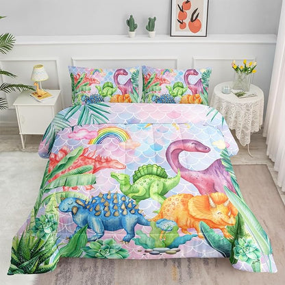Datura home Kids Dinosaur Comforter Set for Girls Women,Cute Mermaid Scales and Rainbow Cloud Printed Pattern Kawaii Dinosaur Bedding Set with 2 Pillowcases(Dinosaur Rainbow Queen)