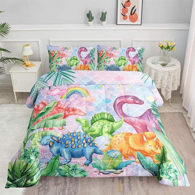 Datura home Kids Dinosaur Comforter Set for Girls Women,Cute Mermaid Scales and Rainbow Cloud Printed Pattern Kawaii Dinosaur Bedding Set with 2 Pillowcases(Dinosaur Rainbow Twin)