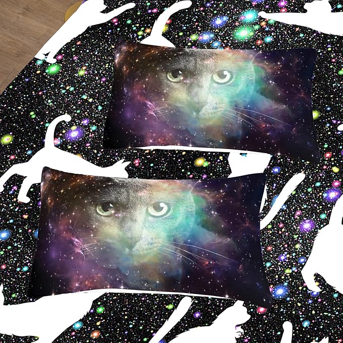 Tailor Shop Cat Comforter Set for Kids Boys Girls Teens Cute Cartoon Cat Galaxy Bedding Sets Black Dreamy Outer Space Full Size with 1 Comforter 2 Pillow Shams
