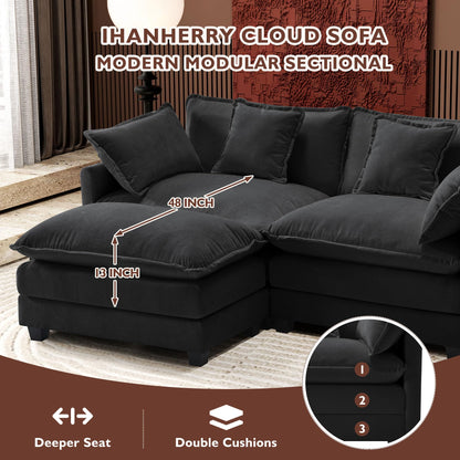 Ihanherry 111.4" L Shaped Modern Sofa Modular Sectional Cloud Couch with Ottoman, 4-Seat Chenille Deep Seat Sofa with Pillow for Living Room, Bedroom and Apartment, Beige