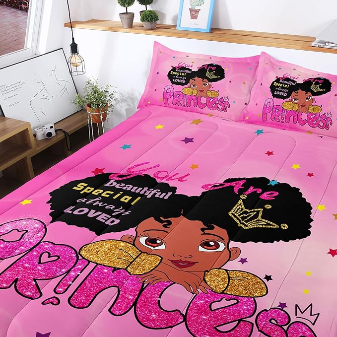 Kids Twin Bedding Set for Girls, Princess Comforter Set Twin, Black Girl Bed Set, Pink Teens Kids Daybed Quilt Set with 1 Comforter and 2 Pillow Cases