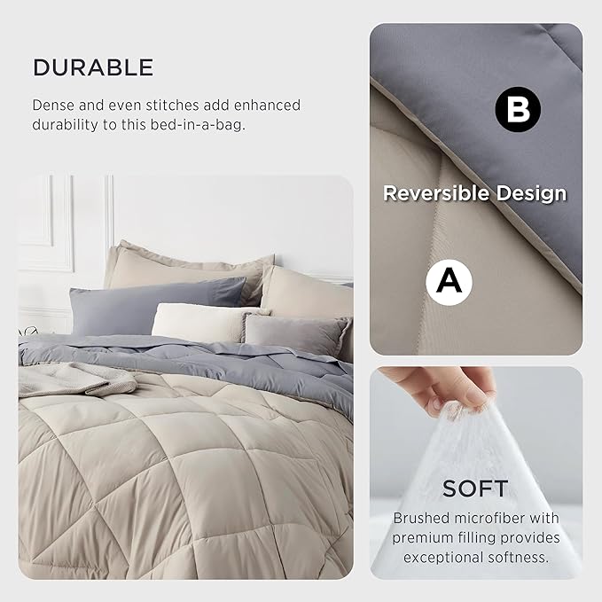 Bedsure Beige California King Comforter Set - 7 Pieces Reversible Bed Set Bed in a Bag California King with Comforters, Sheets, Pillowcases & Shams, California King Bedding Sets