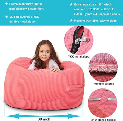 Stuffed Animal Storage Bean Bag Chair Cover for Kids, 38" Beanbag Chairs Cover Plush Toys Organizer Super Soft Corduroy with Handle and Zipper for Boys and Girls - Pink