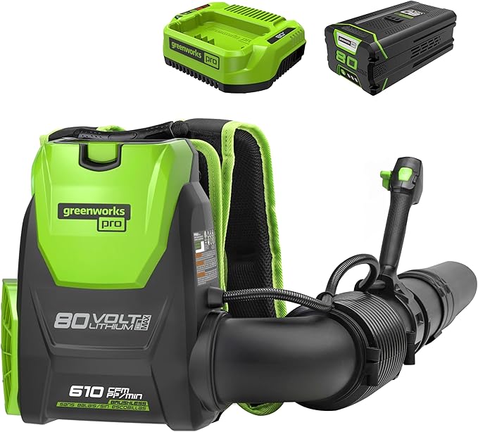 Greenworks 80V (180 MPH / 610 CFM / 75+ Compatible Tools) Cordless Brushless Backpack Blower, 5.0Ah Battery and Rapid Charger Included