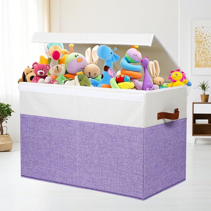 Large Toy Storage Box with Lid, Sturdy Toys Storage Chest Bin Organizer Basket with Dividers for Kids, Boys, Girls, Nursery, Closet, Bedroom, Playroom 25"x13" x16" (Purple and White)