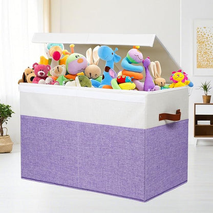 Large Toy Storage Box with Lid, Sturdy Toys Storage Chest Bin Organizer Basket with Dividers for Kids, Boys, Girls, Nursery, Closet, Bedroom, Playroom 25"x13" x16" (Purple and White)