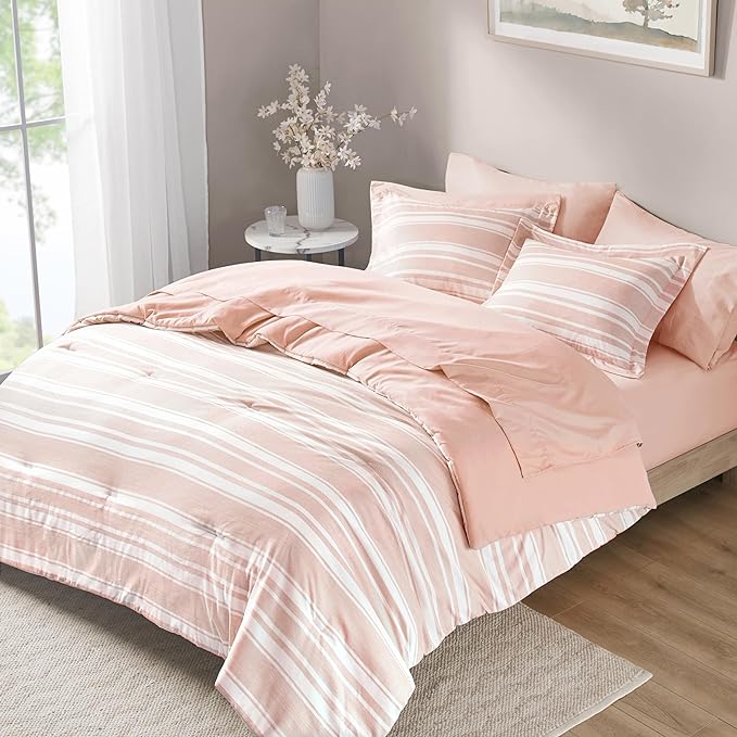 Codi Bed in a Bag Twin Size Complete Set, Pink and White Striped Single Comforter Set 5 Piece for Teen Girls, Modern Neutral Cationic Dyeing Bed Sets with Comforter, Sheets, Pillowcases & Shams