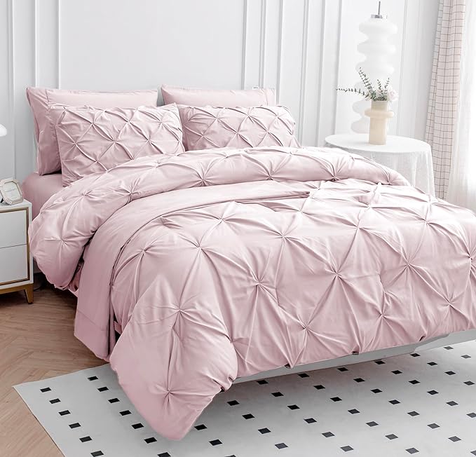LANE LINEN Bedding Set for Split King Mattress, 8 Piece Split King Bed in a Bag for Girls with 1 King Comforter, 1 King Size Flat Sheet, 2 Twin XL Fitted Sheets, 2 Pillowcases & 2 Shams - Sepia Rose