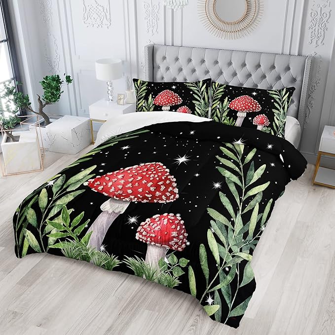 Galaxy Mushroom Comforter Set Full Size Kids Mushroom Bedding Set Leaves Quilt Bed Set for Boys Girls Adults with 1 Comforter and 2 Pillowcases