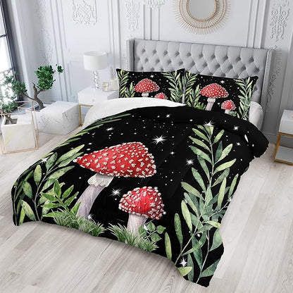 Galaxy Mushroom Comforter Set Full Size Kids Mushroom Bedding Set Leaves Quilt Bed Set for Boys Girls Adults with 1 Comforter and 2 Pillowcases