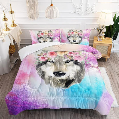 Wolf Comforter Set Tie Dye Wolf Bedding Set for Kids Teens Room Decor Romantic Pink Rose Wild Animals Comforter with 2 Pillowcases