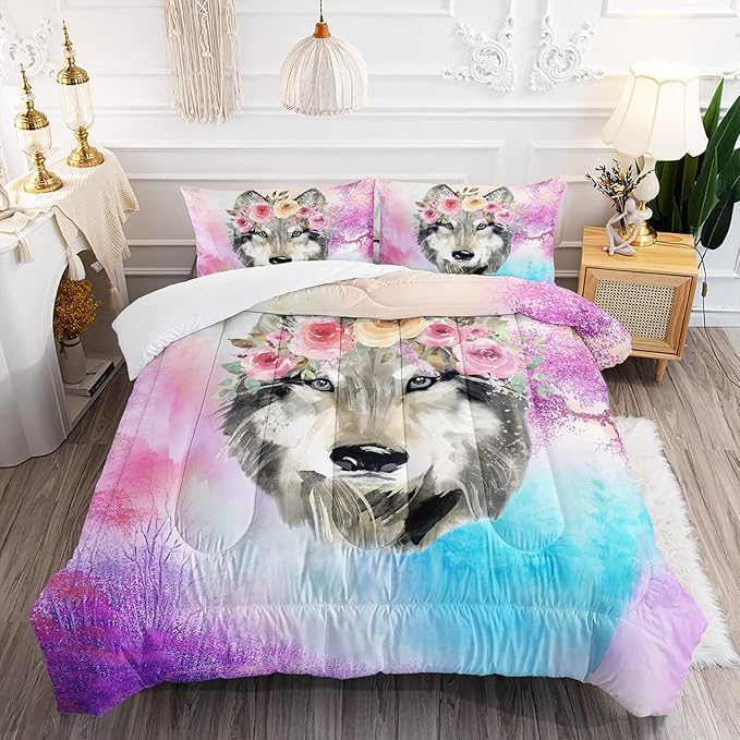 Wolf Comforter Set Tie Dye Wolf Bedding Set for Kids Teens Room Decor Romantic Pink Rose Wild Animals Comforter with 2 Pillowcases