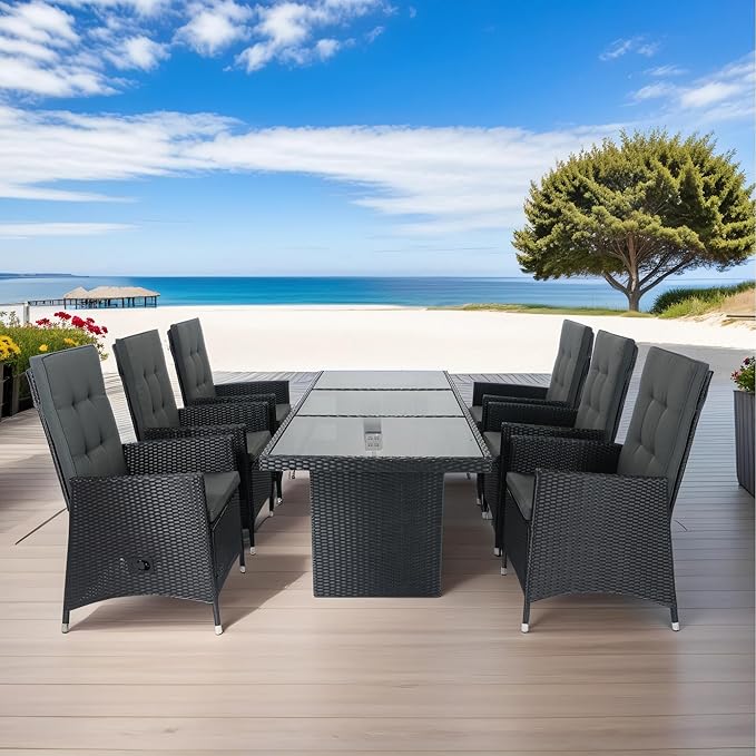 7-Piece Patio Dining, Outdoor Conversation Furniture Set with Adjustable Backrest Wicker + Dark Grey Cushion for Backyard, Balcony and Garden, Zj-Black