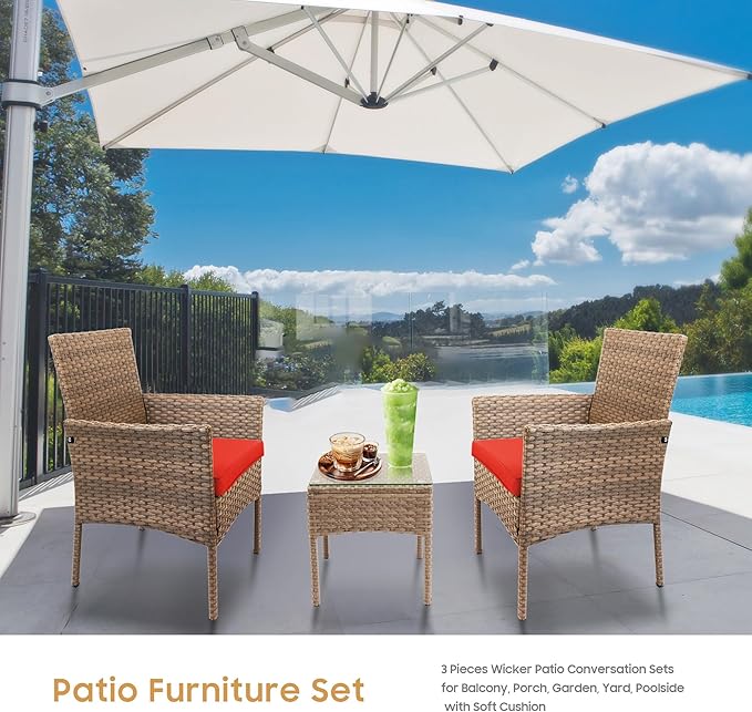 YIYAN 3 Pieces Patio Bistro Set Outdoor Wicker Furniture Outdoor Porch PE Rattan Wicker Chairs Furniture Sets with Sofa Chairs,Glass Coffee Table and Red Washable Cushion