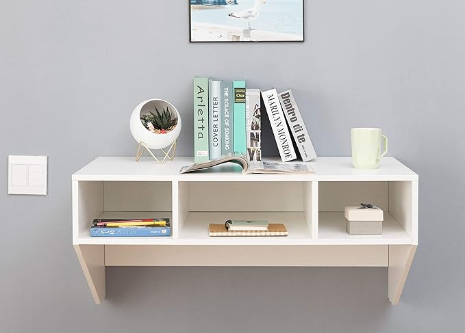Wall Mounted Office Computer Desk and Floating Hutch Cabinet, White