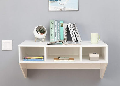 Wall Mounted Office Computer Desk and Floating Hutch Cabinet, White