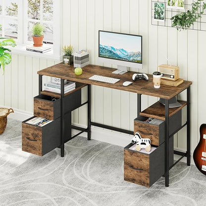 55'' Office Desk with 4 Fabric File Drawers - File Drawer Organization, Computer Work Desk, Study Writing Table, Home Office Workstation, Rustic Brown.