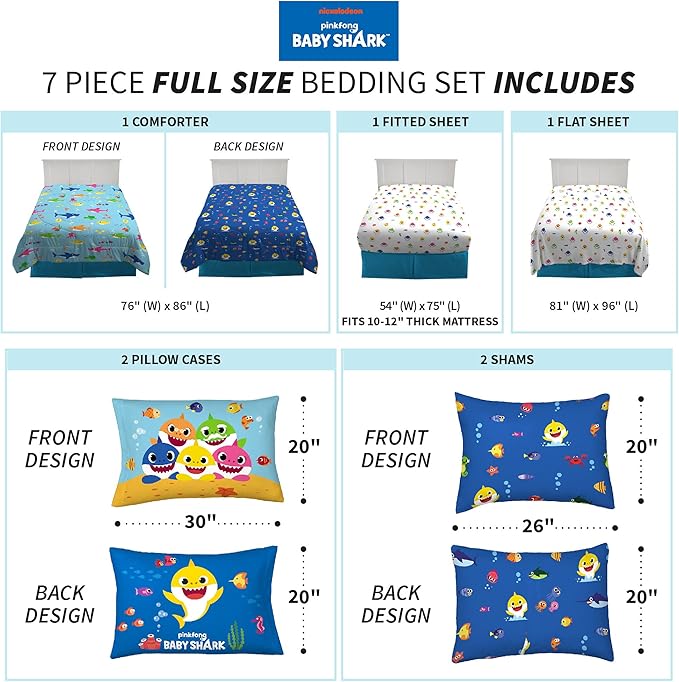 Franco Kids Bedding Super Soft Comforter and Sheet Set with Sham, 7 Piece Full Size, Baby Shark