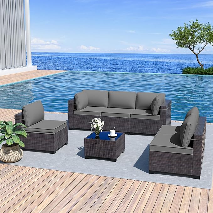 Outdoor Furniture Set 7PCS Patio Furniture for Backyard Wicker Sectional Sofa Set 6 Seats, PE Rattan Outdoor Conversation Set with Thickened Cushions and Glass Coffee Table, Grey