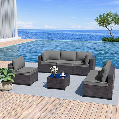 Outdoor Furniture Set 7PCS Patio Furniture for Backyard Wicker Sectional Sofa Set 6 Seats, PE Rattan Outdoor Conversation Set with Thickened Cushions and Glass Coffee Table, Grey