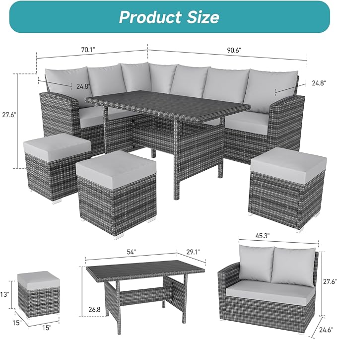 IDEALHOUSE 7 Pieces Outdoor Dining Set,Patio Sectional Sofa Conversation Set All Weather Wicker Rattan Couch Dining Table & Chair with Ottoman Grey