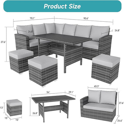 IDEALHOUSE 7 Pieces Outdoor Dining Set,Patio Sectional Sofa Conversation Set All Weather Wicker Rattan Couch Dining Table & Chair with Ottoman Grey