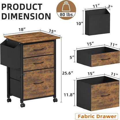3 Drawer File Cabinet with 18'' Extended Board, Fabric Drawer, Mobile Filing Cabinet Fits A4/Letter Size Files, Rolling Printer Stand with Storage Bag, File Cabinet Home Office, Rustic Brown