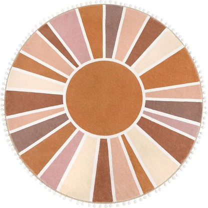 Topotdor Boho Round Area Rug 4ft Sun Rainbow Nursery Rugs for Kids Room, Washable Ultra Soft Circle Area Rug with Pom Poms, Non-Slip Accent Throw Rugs for Bedroom Entryway Living Room Decor