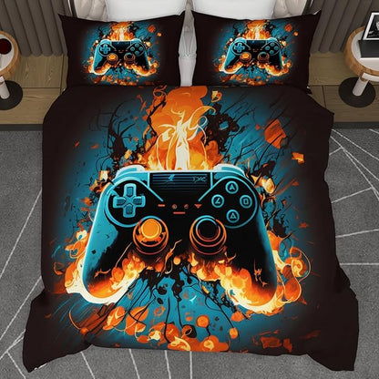Video Game King Size Comforter Set for Boys Kids Teens Gamepad Gaming Controller and Fire Pattern Bedding Set- 3 Piece Quilt with 2 Pillowcases (104"x90")