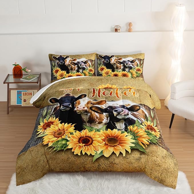 HOSIMA Farmhouse Animal Cow Comforter Western Bedding Sets,Kids Sunflower Comforter Twin Bed in a Bag for Girls Boys,Cow Print Bedding Room Decor,Floral Comforter Set with 2 Pillowcases.