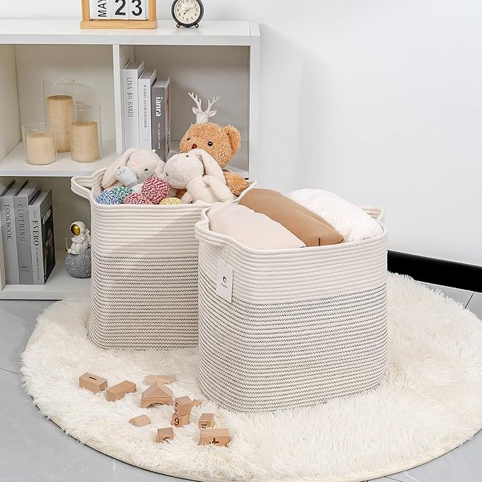 Hampers for Bins Large Blanket Basket,Storage Basket Rectangle Woven Baskets for Storage, Nursery Cotton Rope Basket Living Room, Toy Basket For Organizing, With Handle Dirty Clothes Basket