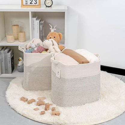 Hampers for Bins Large Blanket Basket,Storage Basket Rectangle Woven Baskets for Storage, Nursery Cotton Rope Basket Living Room, Toy Basket For Organizing, With Handle Dirty Clothes Basket